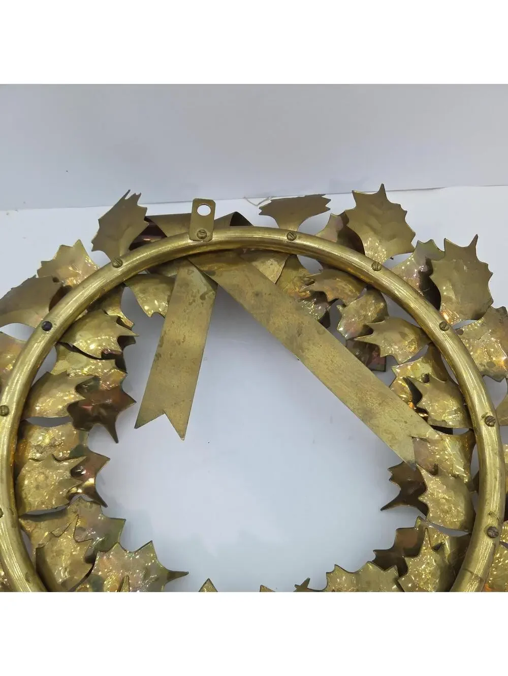 Vintage 1970s Solid Brass Christmas Wreath 15” Montgomery Ward Holly Decor